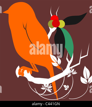 Bird sitting on a tree branch. Ink black and white illustration Stock ...