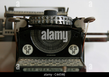Close up of a german toy typewriter "GSN Junior" from 1925 with 2-row type wheel displayed in the toy museum in Prague, Czech Republic, Europe Stock Photo