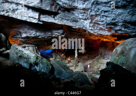 Surprise Cave, Hang Sung Sot, Halong Bay, Northern Vietnam, cave, Vietnam, dark, lights, rock, stone, person, Asia Stock Photo