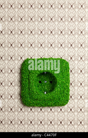 Energy saving electrical wall outlet covered in grass Stock Photo