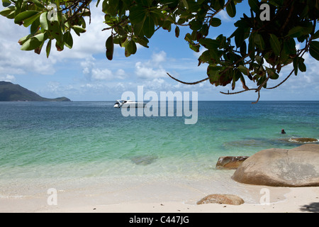 View from a beach of a speedboat in the sea Stock Photo