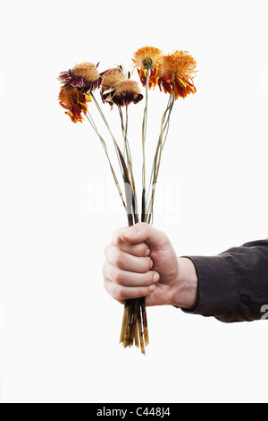 A man holding out a bunch of dead flowers, close-up of hand Stock Photo