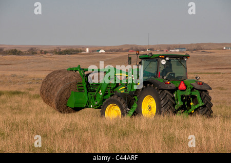 hay, hay bales, Southern Alberta, Canada, North America, agriculture, field, tractor, farm tractor, farming, farmer Stock Photo