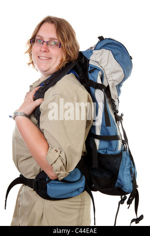 Woman with backpack going on vacation over white background Stock Photo