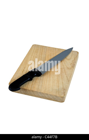 Kitchen knife on a wooden chopping board, Calypso, Costa del Sol, Malaga Province, Andalucia, Spain, Western Europe. Stock Photo