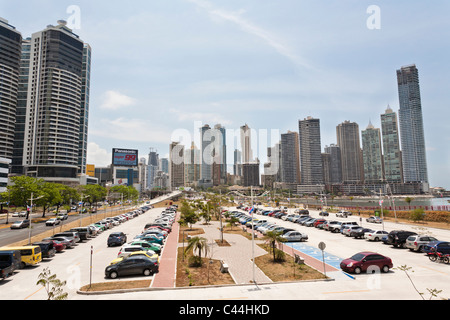 Car Park Downtown Panama City along Avenida Balboa, Panama Stock Photo