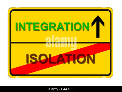 traffic sign shows the way from isolation to integration Stock Photo