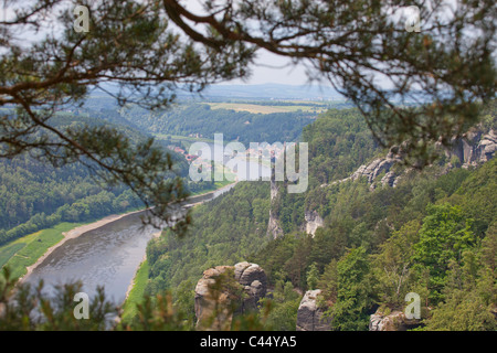 River Elbe saeen from the rock formation in Saxon Switzerland, Germany Stock Photo