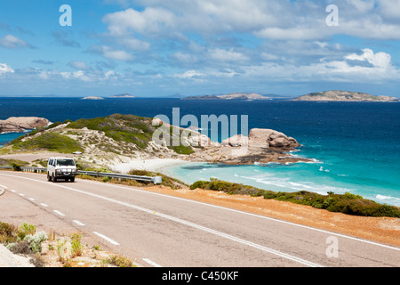 Car driving on Great Ocean Drive - a 38 kilometre scenic drive along the coast near, Esperance, Western Australia, Australia Stock Photo