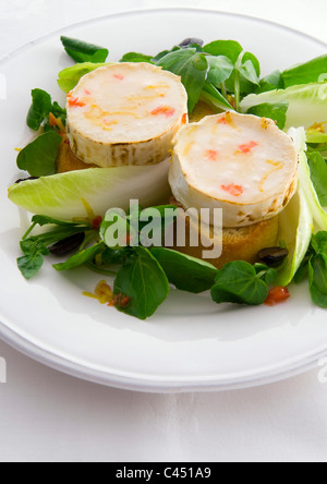 Marinated goat's cheese with herb and cabbage salad on plate, close-up Stock Photo