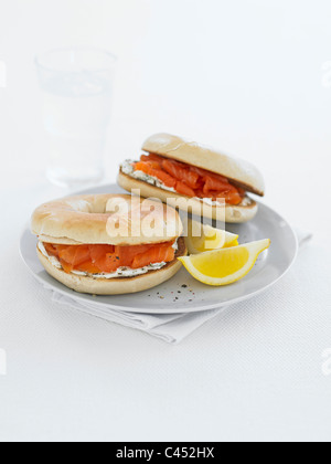 Smoked salmon and cream cheese bagels, close-up Stock Photo