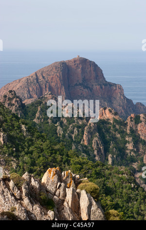 Corsica, Golfe de Porto, Capu Rosso, view over peaks towards sea Stock Photo