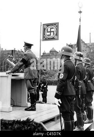 Adolf Hitler speaks at the Deutschherrenwiese during the Nuremberg Rally in 1937 Stock Photo