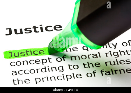 The word 'Justice' highlighted in green with felt tip pen Stock Photo