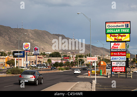 Road with fast food and mall signs El Paso Texas USA Stock Photo