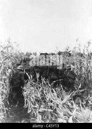 SS soldiers move against Soviet positions in Hungary, 1944 Stock Photo