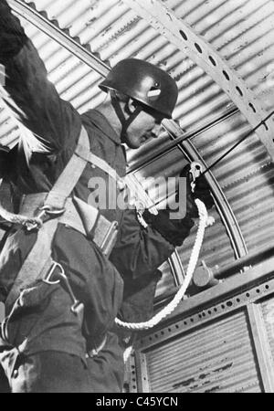 German paratrooper before jumping, 1942 Stock Photo