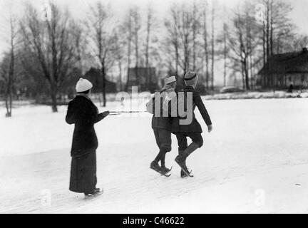 Ice skating in the Spreewald, 1914 Stock Photo