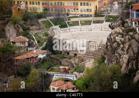 Aerial photograph of the ancient Roman Amphitheater  in the modern city of Plovdiv Bulgaria Stock Photo