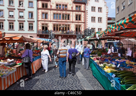 A market stall in Mainz's main square, the Marktplatz. Stock Photo