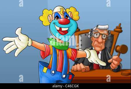 court with a clown in the first plan, judge is not happy Stock Photo