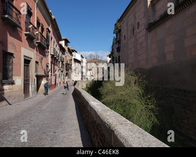 The river front in the old residential area of Granada, Spain, just below the Alhambra. Stock Photo