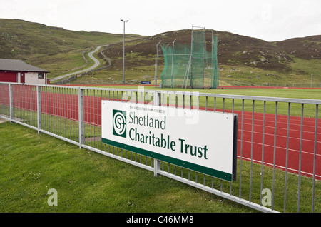 Clickimin Leisure Complex sports ground and charitable trust funding sign.Lerwick, Shetland Islands, Scotland, UK, Britain. Stock Photo