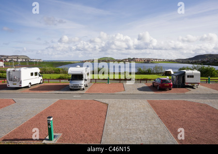 Lerwick, Shetland Islands, Scotland, UK. Clickimin Leisure Complex campsite pitches by Loch Clickimin Stock Photo