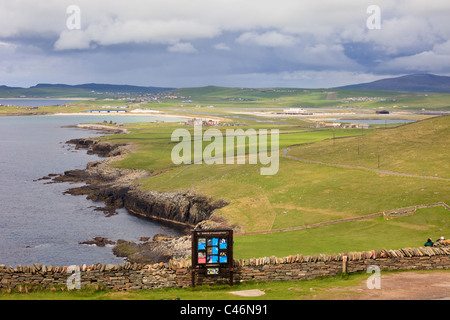 View along the coast to the airport from Sumburgh Head at Sumburgh, South Mainland, Shetland Islands, Scotland, UK, Britain Stock Photo