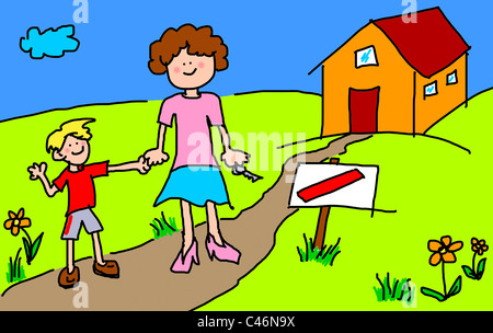 Large childlike cartoon characters: Mother and son happy in front of their new house with blank sign by the road Stock Photo