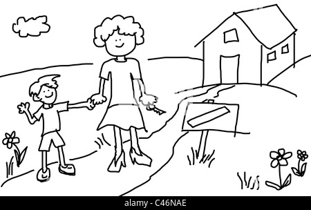 Large childlike cartoon characters: Mother and son happy in front of their new house with blank sign by the road Stock Photo