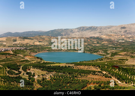 Aerial photograph of Ram's pool in the northern Golan Heights Stock Photo