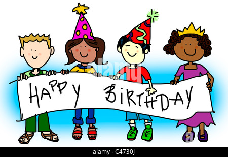 Large childlike cartoon characters: little kids, boys and girls, holding a very big blank banner and wearing party hats. Stock Photo