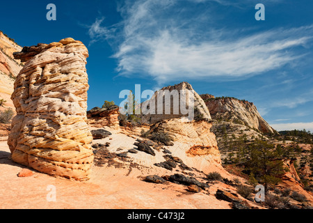 The eastern side of Utah’s Zion National Park contains many Navajo sandstone monoliths and eroded shaped hoodoos. Stock Photo