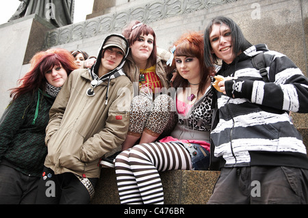 A group of Prague teenagers hang out on Wenceslas Square (Václvské náměstí) - the 750-metre long and 60-metre wide boulevard. Stock Photo