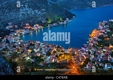 Panoramic view of the village and harbor of Kastellorizo island from the path that goes to Saint George Monastery. Greeceg Stock Photo