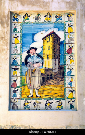 Typical local folk art ceramic picture tile outside house in Port de Valldemossa, Mallorca Majorca, Spain Stock Photo