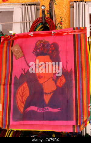 Portrait of Frida Kahlo on shopping bags, Playa del Carmen, Riviera Maya, Quintana Roo, Mexico Stock Photo