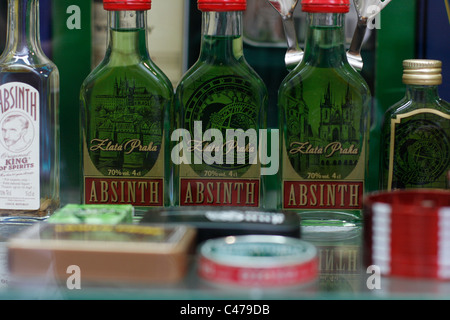 Different bottles of absinthe displayed in a shop window in Prague, Czech Republic Stock Photo