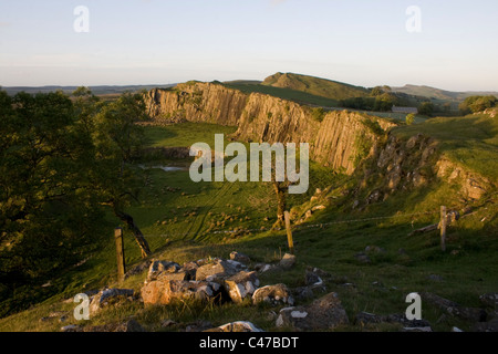 Evening sun on Hadrians Wall at Walltown Crags, Northumberland Stock Photo