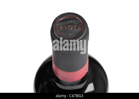 Bottle of Rioja Wine From Above on a White Background Stock Photo