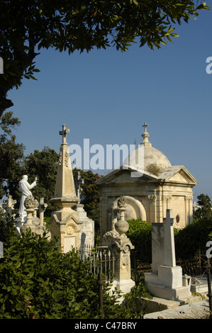 Monumental tombstones at the Addolorata Cemetery a state owned neo-gothic cemetery located in Paola a town in the South Eastern Region of Malta. Stock Photo