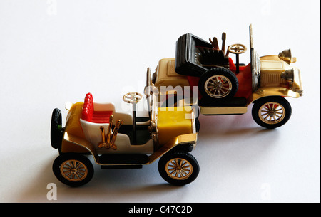 Two historical toy cars 'Wanderer, 1904' with open hood produced 1966-1976 in the former GDR by PSW Berlin, East Germany Stock Photo
