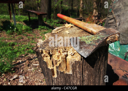 old ax on the old deck close up Stock Photo