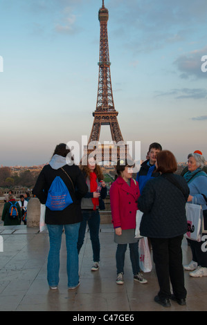 Paris, France, Group Teenage Tourists Talking, Visiting Trocadero, View of Eiffel Tower Stock Photo