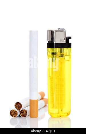 Lighter and cigarettes isolated on white background Stock Photo