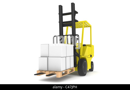 Forklift with Pallet, Front view. Part of a Blue and yellow Warehouse series Stock Photo