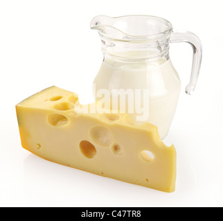 pitcher of milk and cheese on a white background Stock Photo