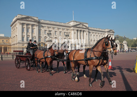 Early morning view of horses and carriage passing Buckingham Palace, London, UK. Stock Photo