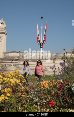 Ceremonial Union flags flying above The Mall near Buckingham Palace before the Royal Wedding, April 2011. Stock Photo